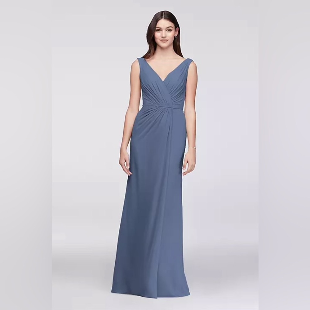 DB - NWT - Faux Wrapped Pleated Chiffon Bridesmaid Dress - Steel Blue - 8